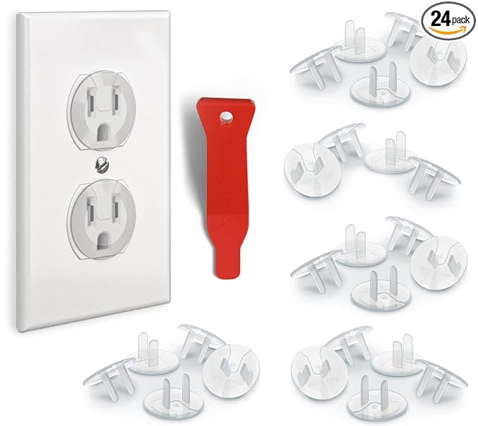 BABY PROOF ME 24 Pack Outlet Covers & Removal Tool Baby Proofing, Provide Shock Prevention and Easy Installation, Safe and Secure Plastic Plug Covers for Power Sockets (24 Outlet Covers)