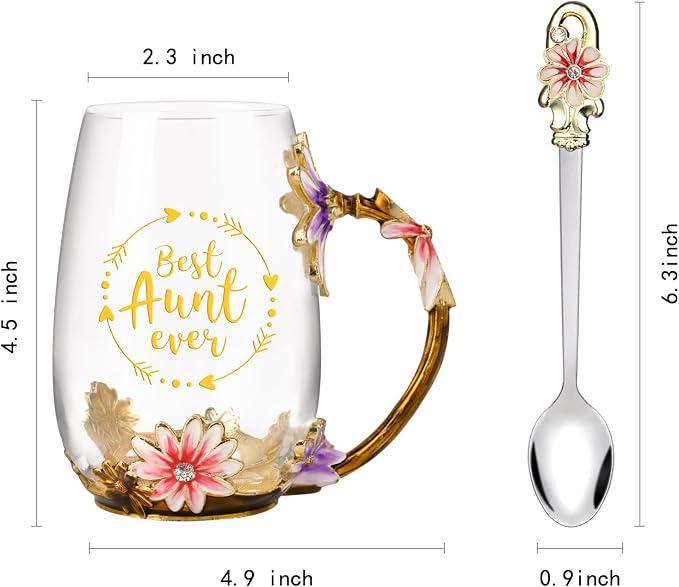 OEAGO Gifts for Aunt from Niece Nephew Tea Cup Cool Birthday Gift Enamel Flower Glass Mugs Christmas Mothers Day New Aunt Announcement Promoted