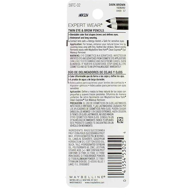 Maybelline Expert Eyes Twin Brow & Eye Pencil, Dark Brown [102], 0.06 oz (Pack of 6)