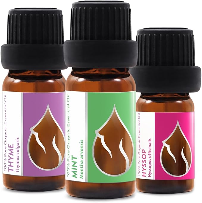 Set Breathe Freely - Organic Essential Oils - Thyme (10ml) + Mint (10ml) + Hyssop (5ml) - 100% Pure and Natural Undiluted Aromatherapy Stress Relief Fresh Herbal Sweet Aromas 3pcs