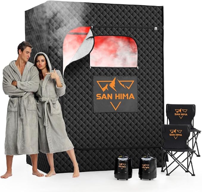 SAN HIMA 2 Person Portable Sauna for Home, Steam Sauna Box with Red Light Therapy, 3L 1500W Steamer, 9 Heat Levels, 90 Minute Timer, Foldable Chair, Remote Control, Indoor Home Spa Sauna Tent
