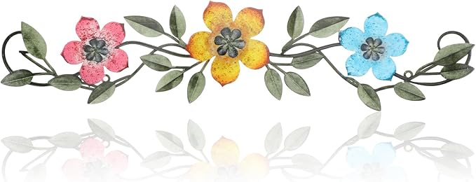 Wesiti Metal Flower Wall Decor Vintage Metal Flower Wrought Iron Scroll Sculpture 15.7''x3.7'' Not 3D, Flat Farmhouse Leaf Wall Decor with Nails for Summer Bedroom Kitchen Indoor Outdoor(Bright Color)