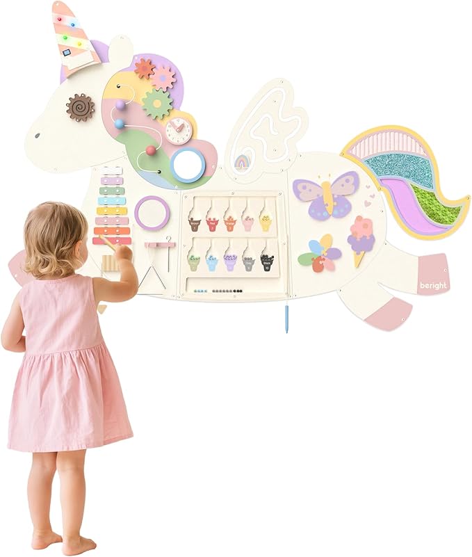 Asweets Unicorn Activity Wall Busy Board Panels, Montessori Sensory Toys, Toddler Learning Activity Center, Perfect for Toddler Playroom & Children's Daycare, White