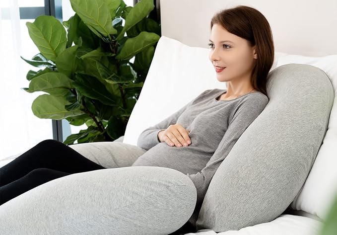 INSEN Pregnancy Pillow for Sleeping, Maternity Pillow with Jersey Cotton Cover,C Shaped Body Pillow for Pregnant (Natural Gray)