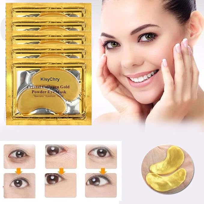 24K Gold Gel Crystal Collagen Lip and Eye Mask Set, 5 Pairs Gold Eye Mask Pads and 5 Pcs Gold Lip Patches for Moisturizing, Anti Wrinkle, Anti Aging, Hydrating Lips and Eyes