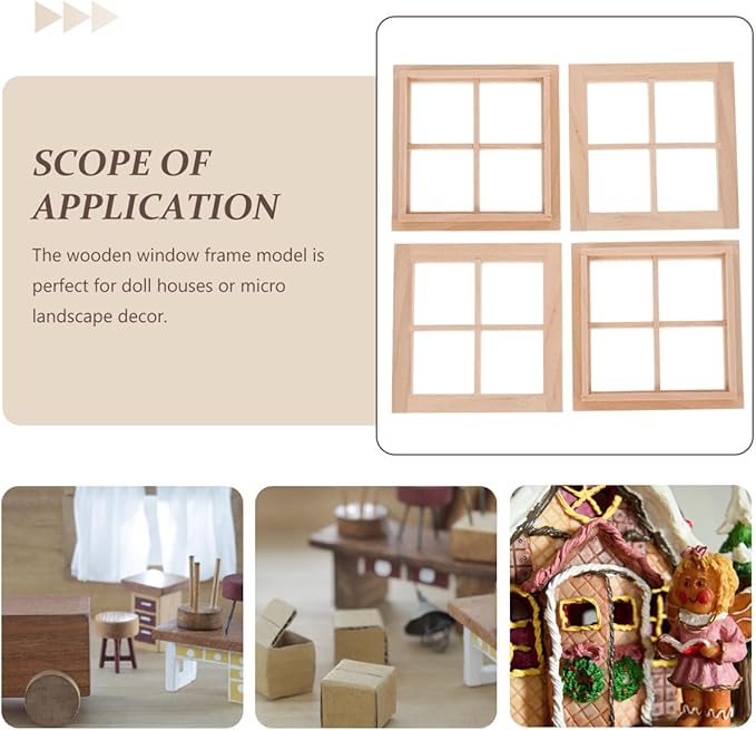 DOITOOL 4PCS Dollhouse Windows 1: 12 Scale Miniature Dollhouse Furniture Window Frame Tiny Wooden Window Models Miniature Window Frames for Dollhouse Decoration