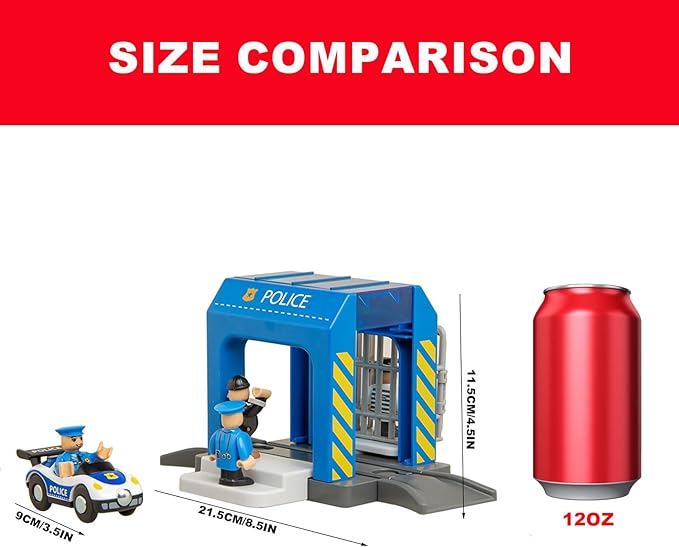 Police Station Playset Toy,Building City Police Scenes Train Set Compatible with All Wooden Train Tracks,Educational Train Accessory Toys for Boys and Kids (Assembly Required)