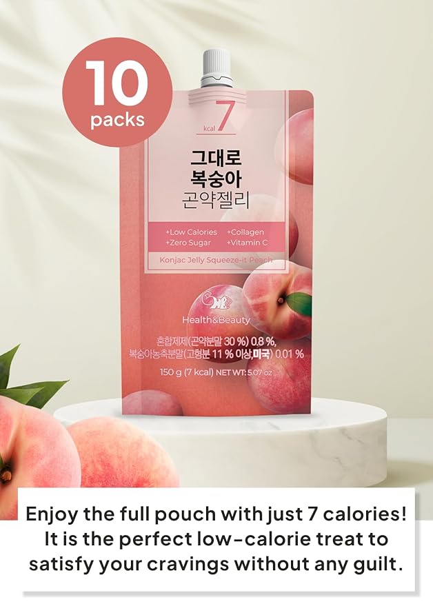 Korean Food Konjac Jelly, Peach Flavor, Zero Sugar, Fish Collagen, 10 Pack | Chewy konjac jelly with peach flavor in convenient single-serve pouches