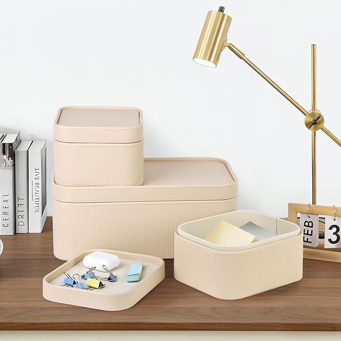 HofferRuffer Faux Leather Decorative Storage Boxes, Dust proof Storage Shelf Baskets with Lids Trays, Storage Bins Memory Box Organizer for Home, Office, Jewelry & More, Set of 3 (Beige)