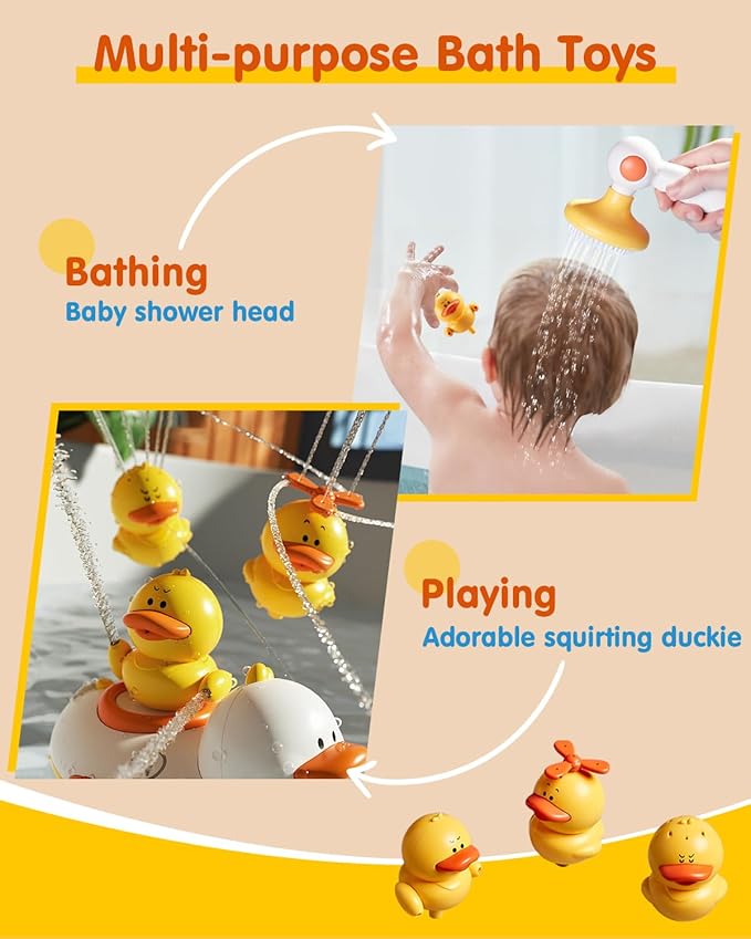 Duckie Baby Bath Toys for Kids Ages 1-3, Baby Shower Head for Bathtub with Three Squirting Ducks, Birthday Gift for Toddler Boys Girls