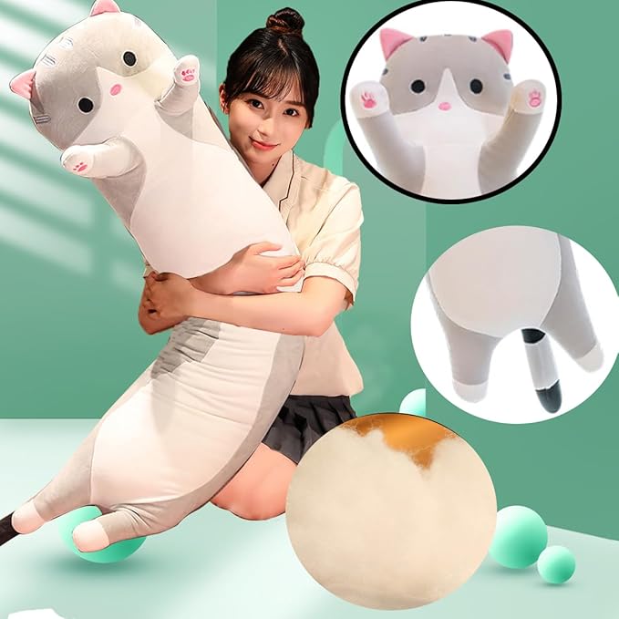 Grey Cat Long Plush Pillow Kitty Stuffed Animals Soft Sleeping Throw Pillow Doll Toy (Grey,27inches)