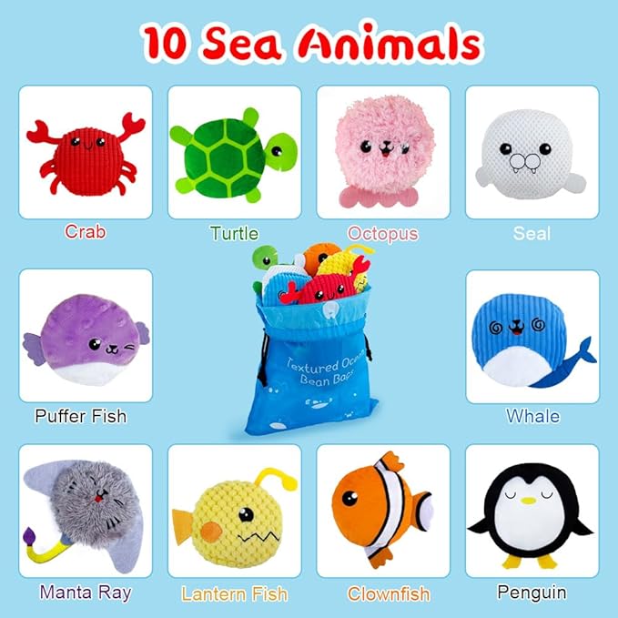 teytoy 10 Packs Sensory Bean Bags for Kids,Texture Sensory Beanbags,Sensory Toys for Autism Kids,Toddler Sensory Toys,Marine Animals Beanbags with Storage Bag,Fine Motor Toys for Preschoolers
