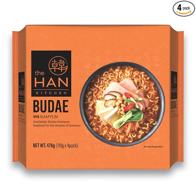 Korean instant ramen with thick noodles and a spicy, savoury broth. The Han Kitchen Pocha Ramyun K-Army Budae Jjigae style noodles, ready in 5 minutes.118 g (Pack of 4)