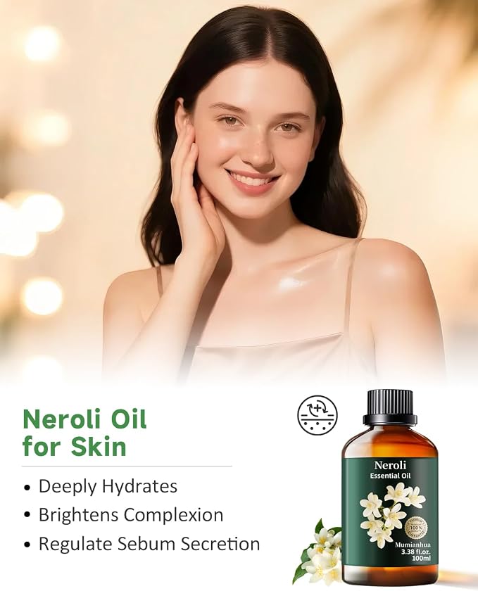 Neroli Essential Oil, Orange Blossom Oil, Diffuser, Skin & DIY, 3.38 Fl Oz | Mumianhua Neroli Oil, Steam-Distilled. Citrus-Floral Aroma. For Pillow Mist, Pulse Points, Perfume, Hair,Candle Making