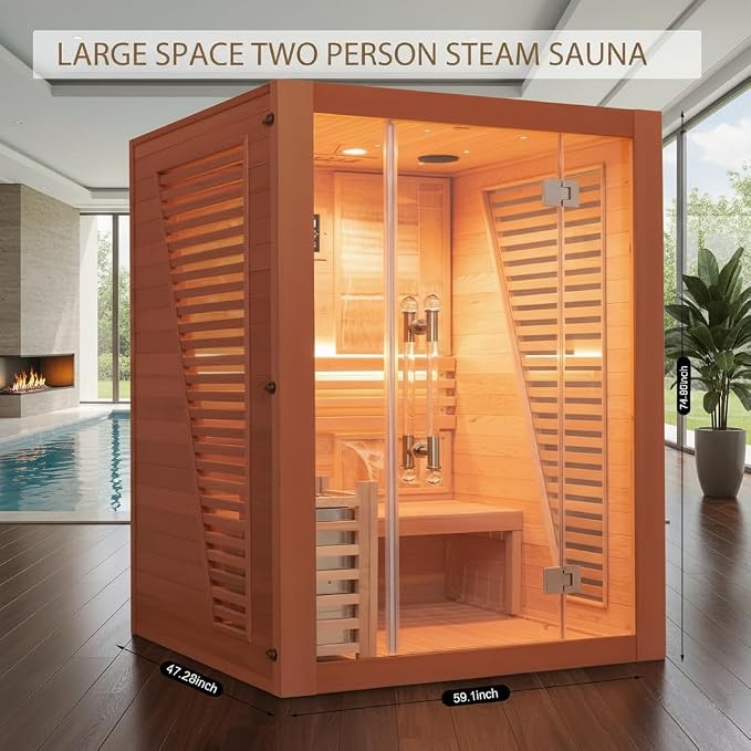 Wooden Steam Sauna Room, 2 Person Canadian Red Cedar Luxurious Indoor Sauna with 4.5 KW Harvia Stove Heater, Bluetooth Speaker, Sauna Stone, Wooden Bucket, Scoop, Reading Light, Hourglass, 220V