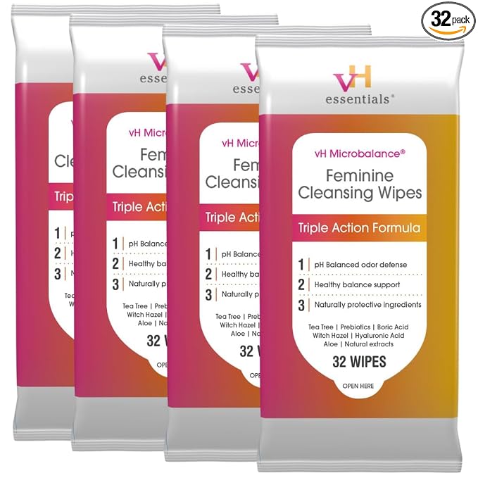vH essentials Feminine Cleansing Wipes, 32 ct. 4 pk - pH Balanced, Prebiotics, Tea Tree & Aloe, Soothing Witch Hazel, Odor-Blocking Formula, Vaginal and Perianal Care, Alcohol, and Fragrance-Free