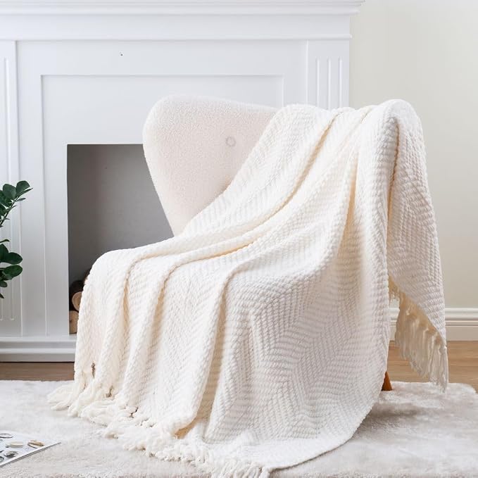 BATTILO HOME Cream Throw Blanket for Couch, Knit Throw Blanket, 50"x60" | Ivory Throw Blanket for Bed, Warm Decorative White Blanket Throw for Home Decor