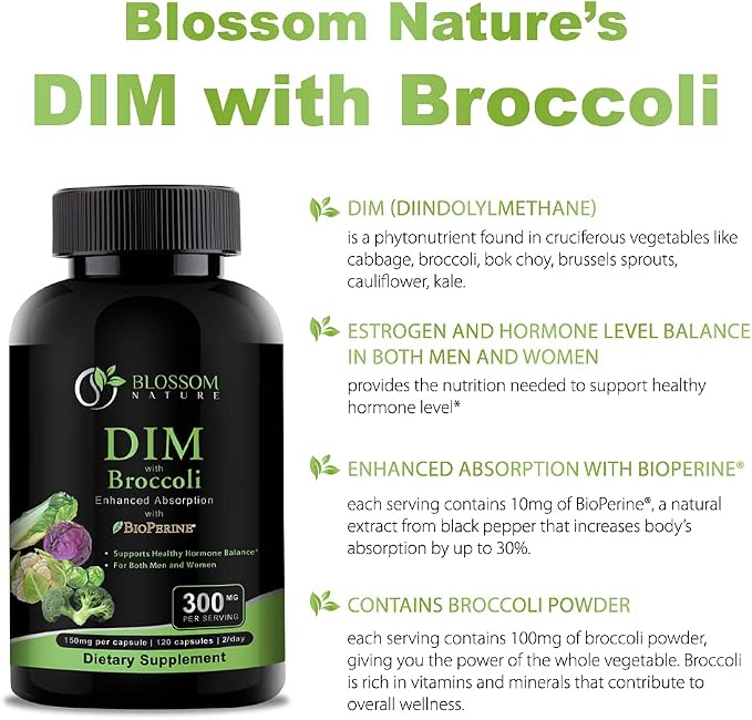 DIM Supplement 300mg with Broccoli 200mg BioPerine 10mg-Hormone and Estrogen Balance for Women & Men,Menopause Relief,PMS Support,Hormonal Acne Treatment-120 Caps,Diindolylmethane 150mg per Cap