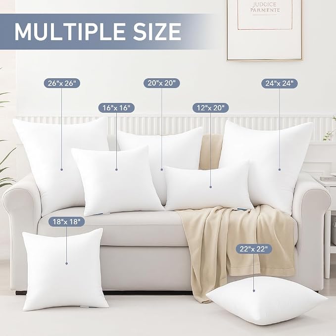 Leeden 18x18 Pillow Inserts Pack of 4, 18 Inch Throw Pillow Inserts, Soft Fluffy Decorative Square Throw Pillows for Couch, Sofa, Bed, and Home Decor White Pillows