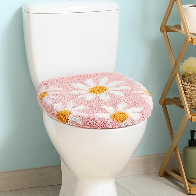 Pink Flower Bathroom Toilet lid, Cute Daisy Toilet lid Cover, Machine Washable, Beautiful and Soft Bathroom Decoration Suitable for Most Round, Oval and Long Toilet Seats (Pink)