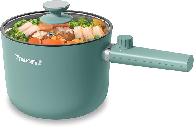 Topwit Hot Pot Electric, 1.5L Ramen Cooker, Portable Non-Stick Frying Pan, Hot Pot for Pasta, Steak, BPA Free, Electric Cooker with Dual Power Control, Over-Heating & Boil Dry Protection, Green | BPA-free, Glass Lid, Overheat & Boil-dry Protection, Ele...