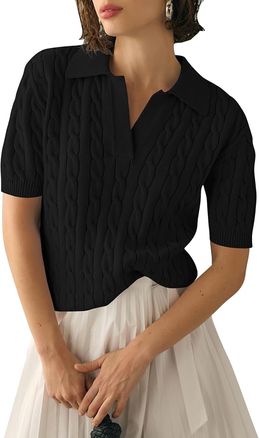 Micoson Womens Short Sleeve Sweater Tops Lapel V Neck Polo Shirts 2026 | Summer Cable Knit Loose Blouses, Business Casual Outfits