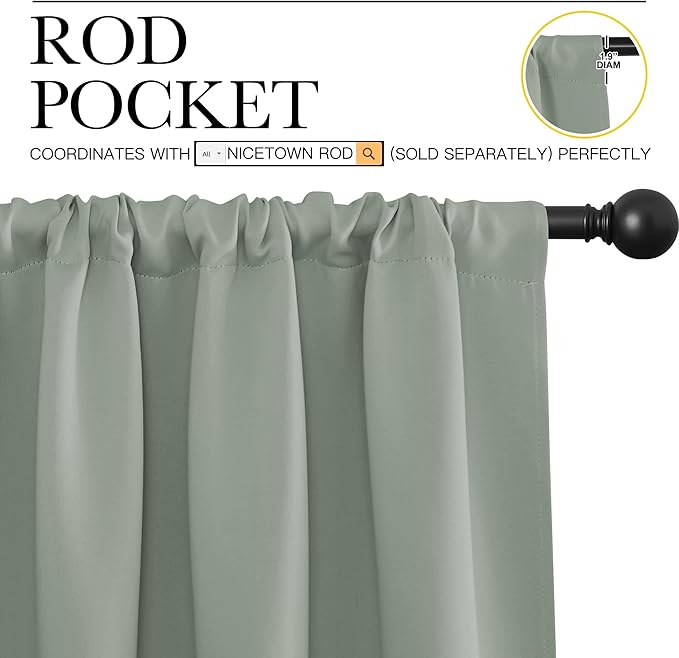 NICETOWN Window Curtains Blackout Drapes - Thermal Insulated Solid Rod Pocket Blackout Curtains/Draperies for Living Room (Sage Green, One Pair, 52 by 84-Inch)