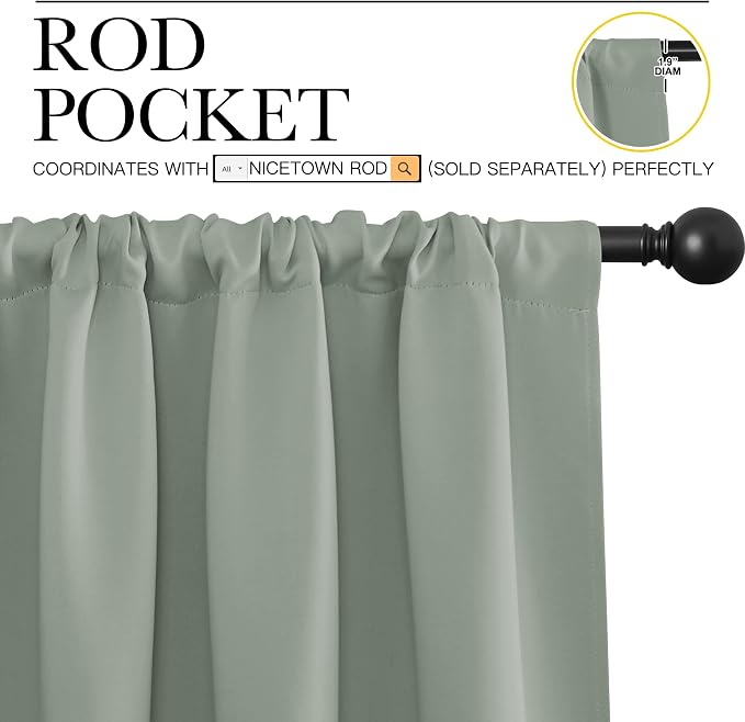 NICETOWN Window Curtains Blackout Drapes - Thermal Insulated Solid Rod Pocket Blackout Curtains/Draperies for Living Room (Sage Green, One Pair, 62 by 63-Inch)