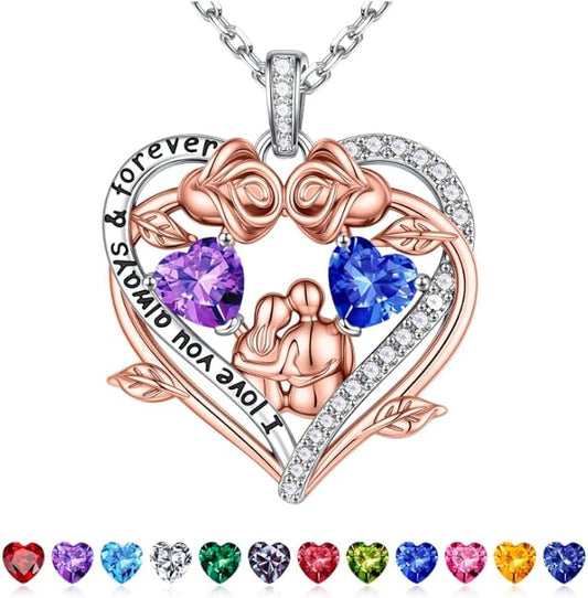 Iefil Valentines Gifts for Her Wife - 925 Sterling Silver Double Heart Birthstone Necklace, Anniversary Birthday Gifts for Women Wife Girlfriend