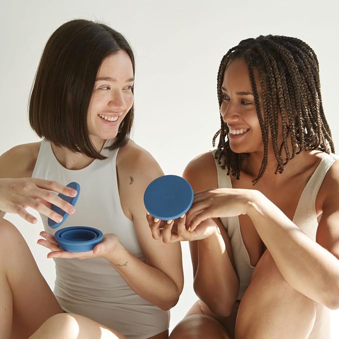 Lena Menstrual Cup Cleaner Case & Period Disc Sanitizer, Home and Travel Size Feminine Wash, Period Essentials for Women, Microwavable, Compact & Collapsible Silicone Container, Dark Blue