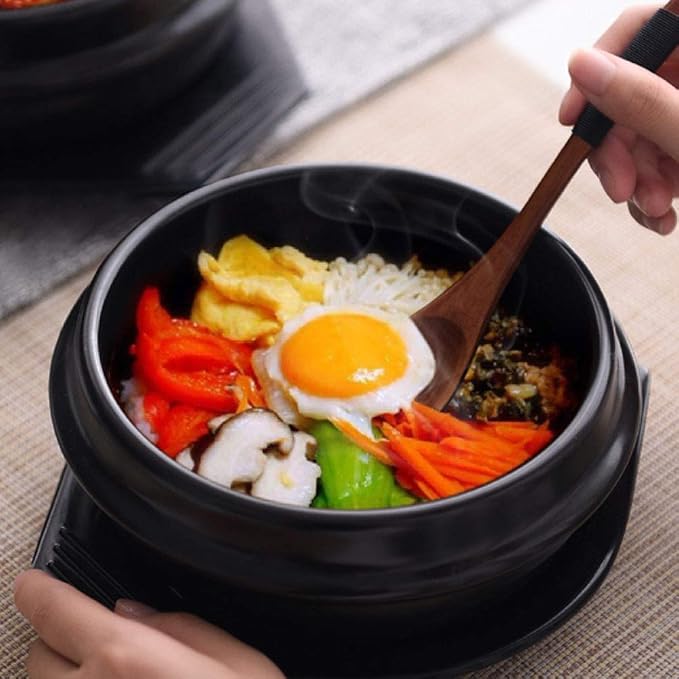 Korean Cooking Korean Stone Bowl By Whitenesser, Stone Pot Sizzling Hot Pot for Bibimbap and Soup (Medium, No Lid) - Premium Ceramic with Melamine Tray(38.5 Ounce)