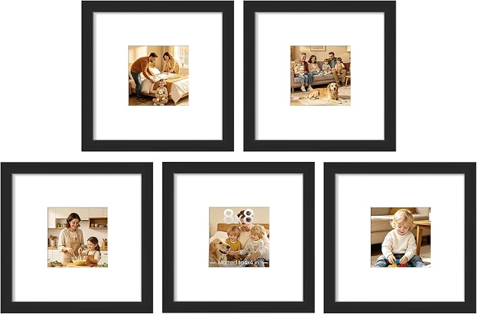upsimples 8x8 Picture Frame Set of 5, Display Pictures 4x4 with Mat or 8x8 Without, Wall Gallery Poster Frames, Black