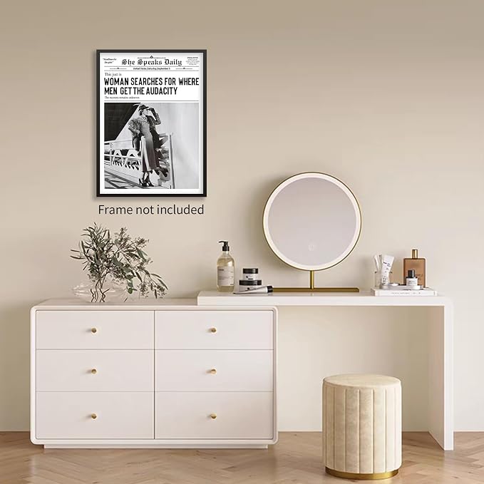 Haitunone Black and White Newspapers Poster Women Searches For Where Men Get the Audacity Wall Art Trendy Feminist Canvas Prints for Home Bar Wall Decor 12X16 inch Unframed