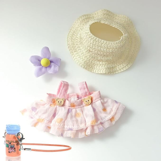 One Set Kawaii Doll Clothes for 17cm Plush Dolls - Pink Floral Collection Dress + Hat + Bag + Hair Clip Fits 6.7 Inch Mini Dolls (No Doll No Glasses)