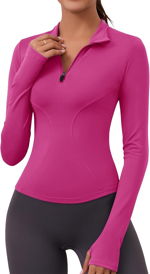 LOMON Womens Long Sleeve Workout Tops Quick Dry Quarter Zip Pullover Crop Yoga Athletic Slim Fit Shirts