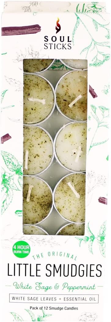 SOUL STICKS 12 Pack Little Smudgies Tealight Candles Smudge Candle for Cleansing House, Meditation, Chakra Healing | Made with Crystals and Herbs (White Sage & Peppermint)