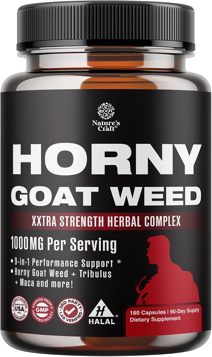 Horny Goat Weed for Men - Extra Strength Male Supplement with Black Maca Root, Tongkat Ali, Saw Palmetto & Panax Ginseng Extract for Stamina & Energy - 180 Count