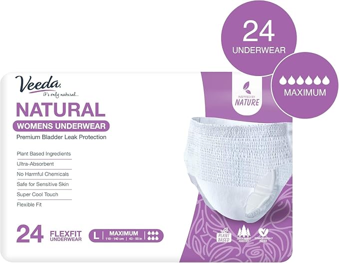 Veeda Natural Adult Incontinence Underwear for Women - Postpartum Underwear for Bladder Leakage Protection - Disposable Underwear with Maximum Absorbency - Large Size - 24 Count