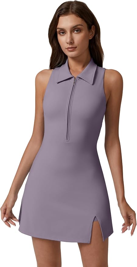QINSEN Womens Zip Front Tennis Dress Polo Collar Racer Back Workout Golf Dresses Build in Shorts with Pockets