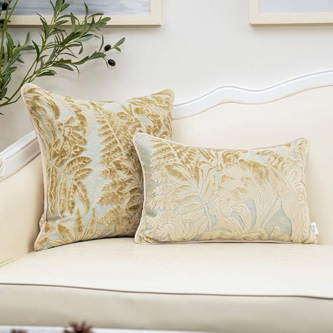 Alerfa 18 x 18 Inch Beige Square Maple Leaf Pillow Embroidery Cut Velvet Cushion Case Luxury Modern Lumbar Throw Pillow Cover Decorative Pillow for Couch Sofa Living Room Bedroom Car