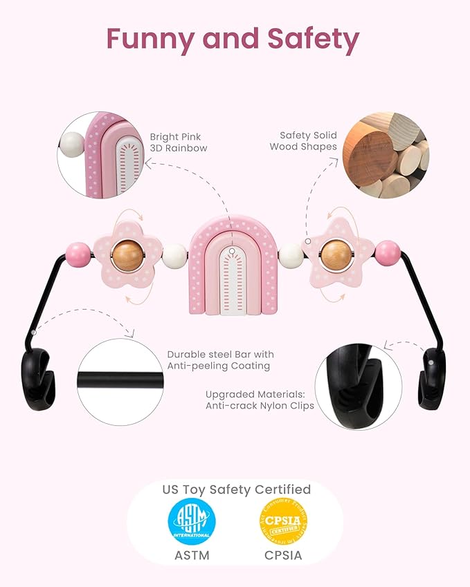 Baby Bouncer Toy Bar Wooden Compatible with Baby Bjorn Bouncer, Bouncer Toy Attachment, Tight and Secure Fit, So Fun to Watch, Touch and Spin for Babies All Ages (Pink Rainbow)
