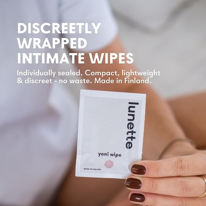 Lunette Yoni Intimate Wipes – pH‑balanced Feminine Wipes, 20 Pack | For Sensitive Skin, Fragrance‑Free, Individually Wrapped, Vegan, Travel-Friendly, Compostable, Made in Finland