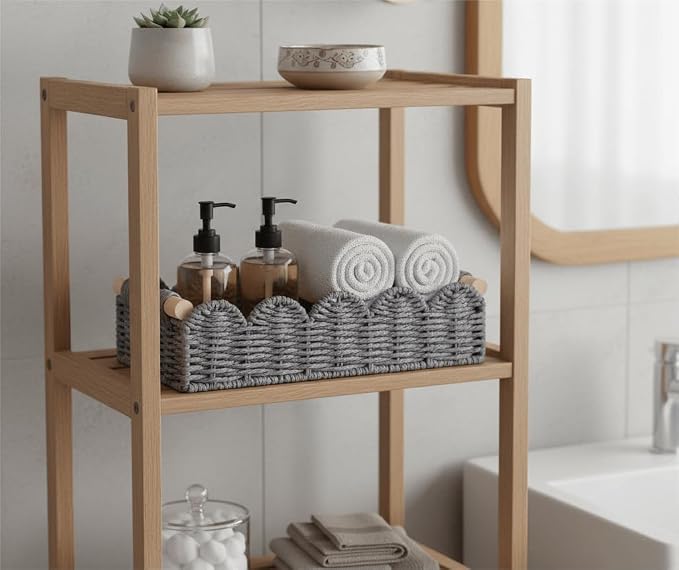 CubesLand Toilet Paper Storage Basket Organizer, Small Wicker Decor Basket | Toilet Tank Top Decorative Basket for Countertop, Handwoven Scalloped Basket W/Handle for Home Decor Living Room, Grey