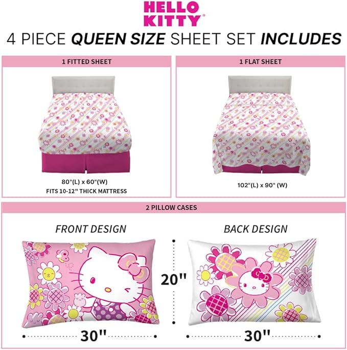 Hello Kitty Bedding Super Soft Microfiber Sheet Set, Queen, Hello Kitty, (Officially Licensed Product) By Franco