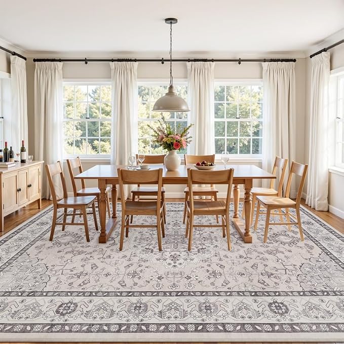 Area Rugs 9x12 Living Room: Vintage Boho Neutral Washable Rug Indoor Soft Large Area Rug Carpet for Bedroom Nursery Farmhouse Dining Room Office Floor Non-Slip Low Pile Under Table Beige & Grey