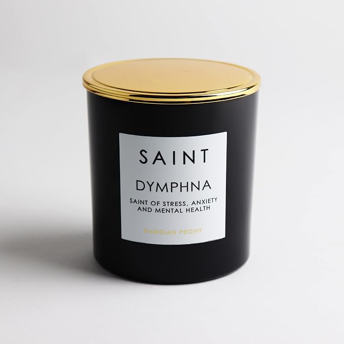 SAINT Dymphna Scented Candle with Prayer and Prayer Coin | Saint of Stress, Anxiety, and Mental Health, Soy Coconut Aromatherapy Candle with 50 Hour Burn Time