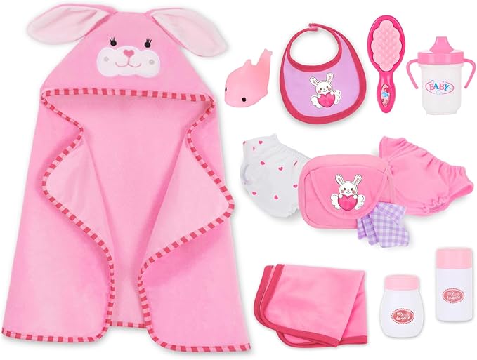 16-18" Baby Doll Accessories Set – 12-Piece Pink Rabbit Quilt & Care Kit Changing & Bathtime Playset for Baby Reborn Alive Dolls, Includes Doll Blanket, Diapers, Bottles (Dolls are Not Included