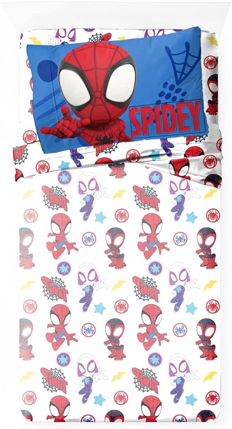 Jay Franco Kids Sheet Set with Fitted, Flat Sheets & Pillow Cover - Ultra-Soft Bedding with Pillowcase for Room Decor, White - Spidey & Friends, 4 Piece Full