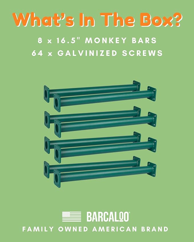 Barcaloo Playground Equipment Monkey Bars Playset Attachment for Backyard - Set of 8 Green Powder Coated Indoor Monkey Bars Set for Kids with Mounting Plates, 16 1/2 Inches Long
