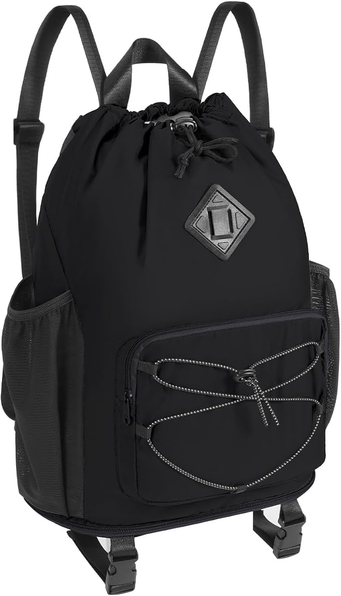WANDF Drawstring Backpack with Removable Wet Pocket, Sandproof Beach Backpack with Bottom Compression Strap for Beach Mat, Swim Bag for Pool, Gym, Travel and Workout Gear (Black)